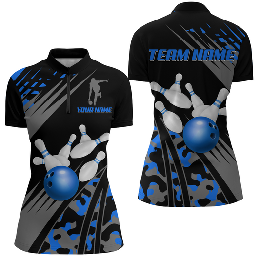 Custom Bowling Jerseys Men Women Bowling Shirt Blue Camo Bowling Team Shirt Quarter-Zip BDT595