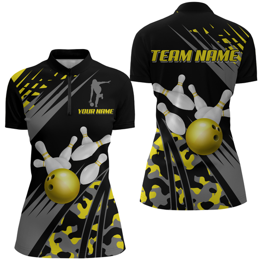 Custom Bowling Jerseys Men Women Bowling Shirt Yellow Camo Bowling Team Shirt Quarter-Zip BDT595