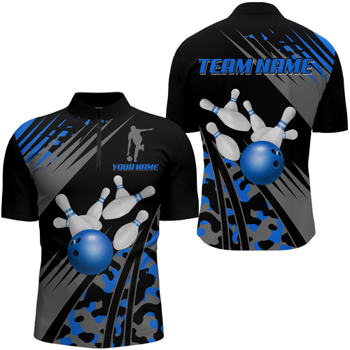 Custom Bowling Jerseys Men Women Bowling Shirt Blue Camo Bowling Team Shirt Quarter-Zip BDT595