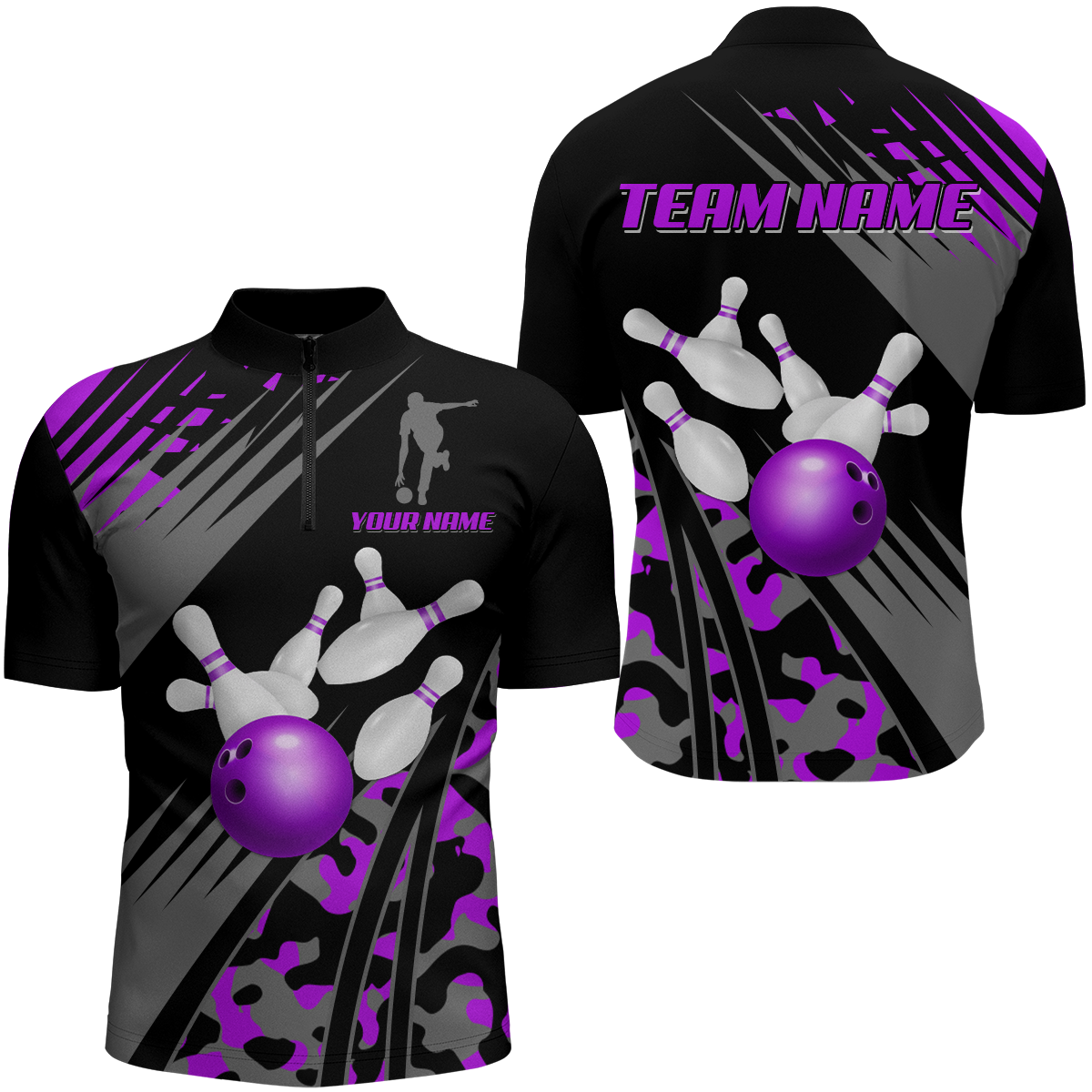 Custom Bowling Jerseys Men Women Bowling Shirt Purple Camo Bowling Team Shirt 1/4 Zip BDT595