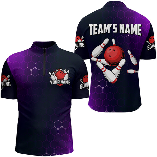 Purple Bowling Quarter-Zip Shirt for Men Custom Bowling Jersey Bowling Team League Shirt BDT258