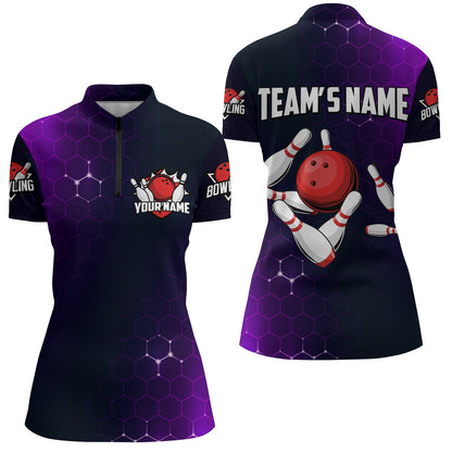 Purple Bowling Quarter-Zip Shirt for Women Custom Bowling Jersey Bowling Team League Shirt BDT258