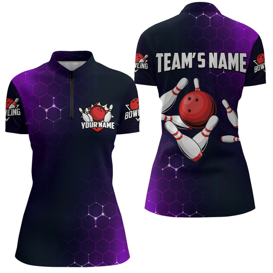 Purple Bowling Quarter-Zip Shirt for Women Custom Bowling Jersey Bowling Team League Shirt BDT258