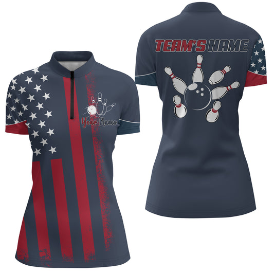 Custom Bowling Quarter-Zip Shirt Women American Bowling Jersey Team Bowler Short Sleeve BDT272