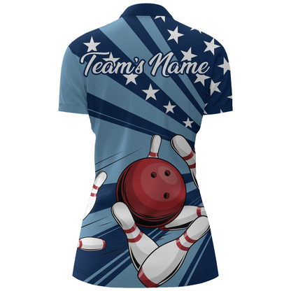 Custom Navy Bowling Jersey For Women American Flag Bowling Team Shirt Bowling Quarter-Zip Shirt BDT309