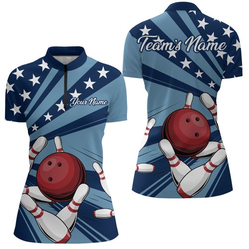 Custom Navy Bowling Jersey For Women American Flag Bowling Team Shirt Bowling Quarter-Zip Shirt BDT309