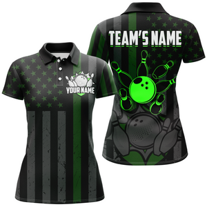 Custom Green Bowling Shirts Men & Women American Bowling Team Jersey Polo Patriotic BDT567