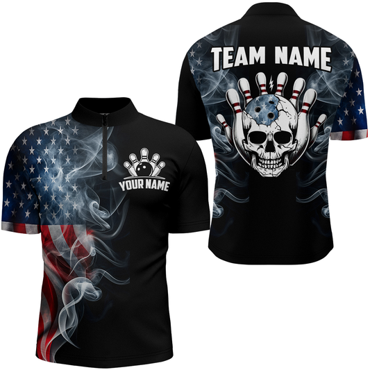 Custom Skull Bowling 1/4 Zip Shirts For Men Women American Flag Bowling Jersey Team BDT507