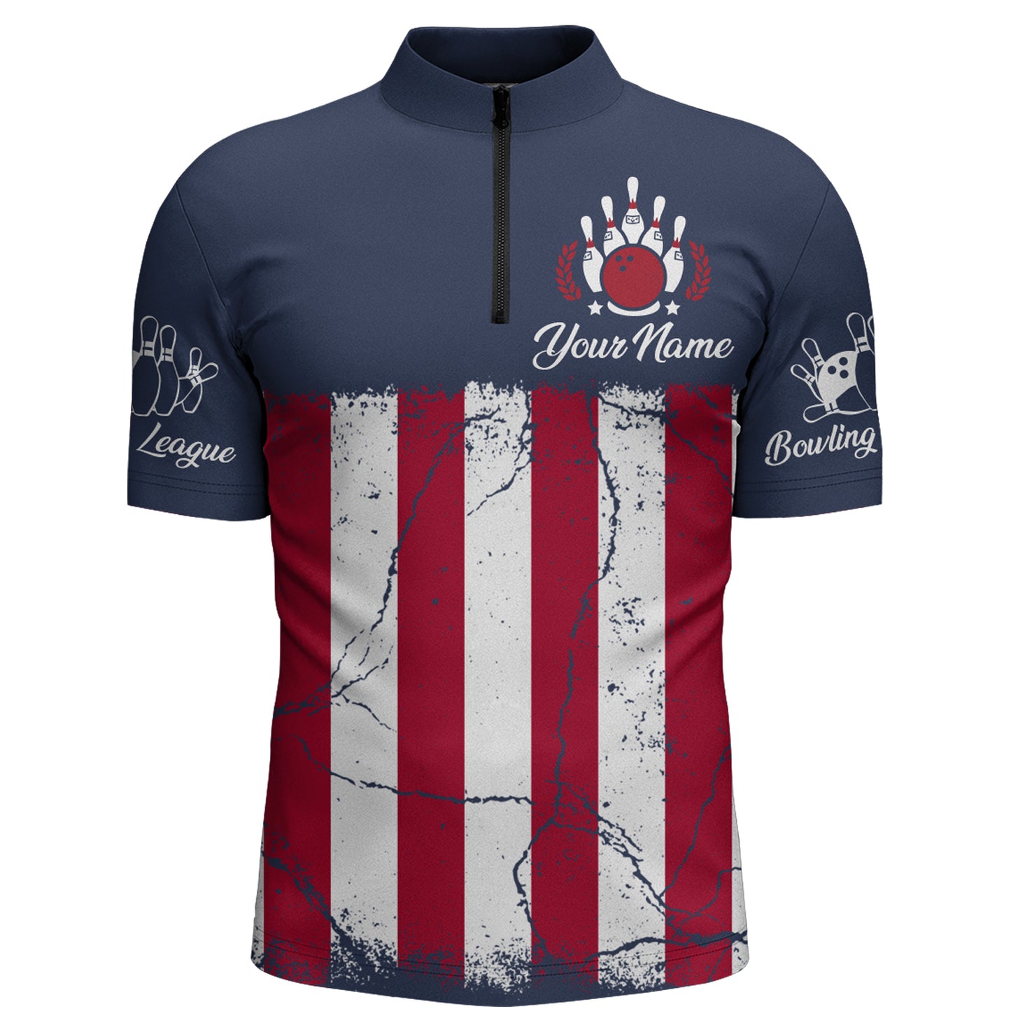 American Flag Bowling Quarter-Zip Shirt For Men Custom Bowling Team Jersey Navy Bowling Shirt BDT244