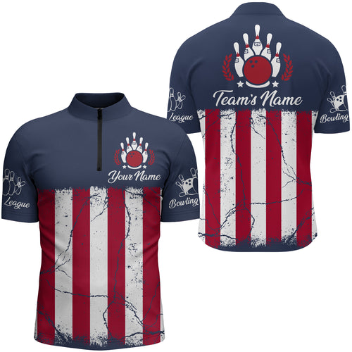 American Flag Bowling Quarter-Zip Shirt For Men Custom Bowling Team Jersey Navy Bowling Shirt BDT244