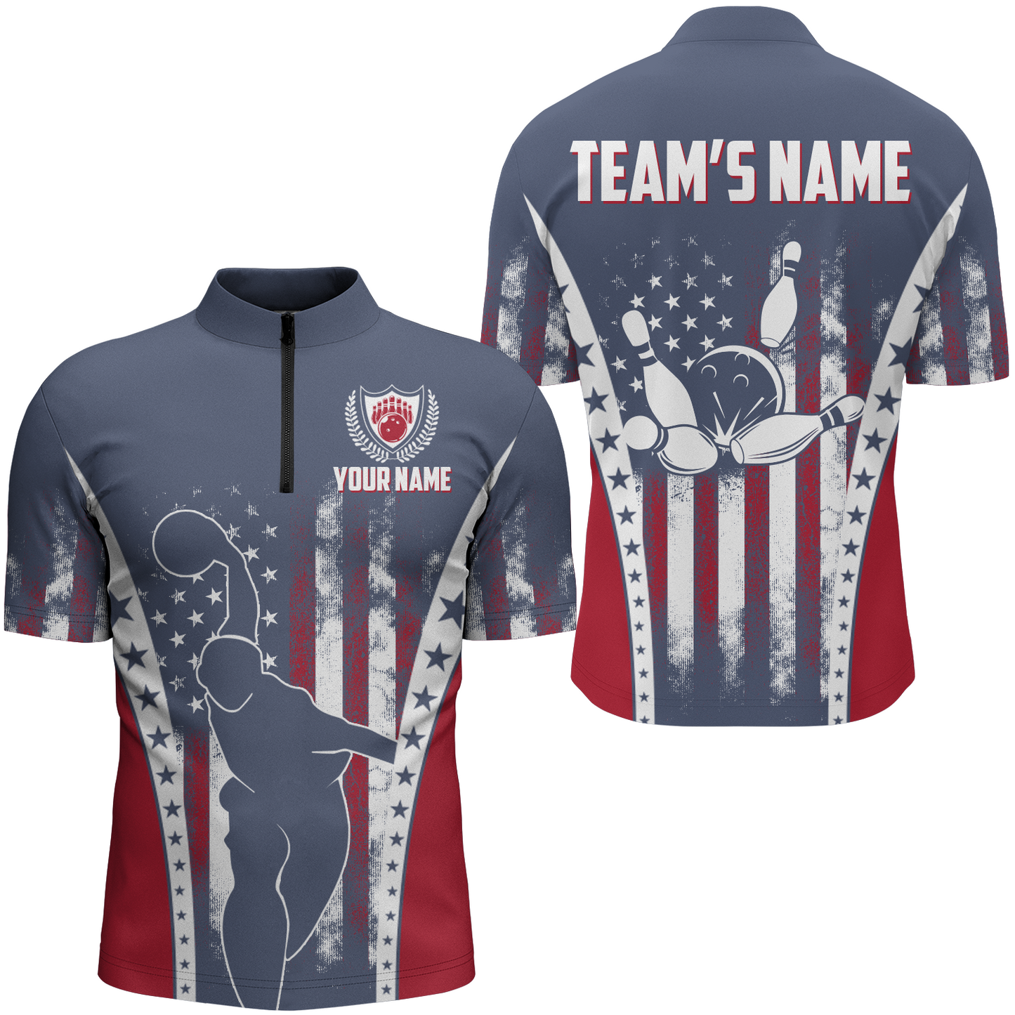 American Bowling Jersey For Men Custom Navy Bowling Shirt Team Bowling Quarter-Zip Shirt BDT316