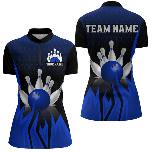 Custom Blue Flame Bowling Quarter Zip Shirts For Men & Women Bowling Team Jersey BDT456