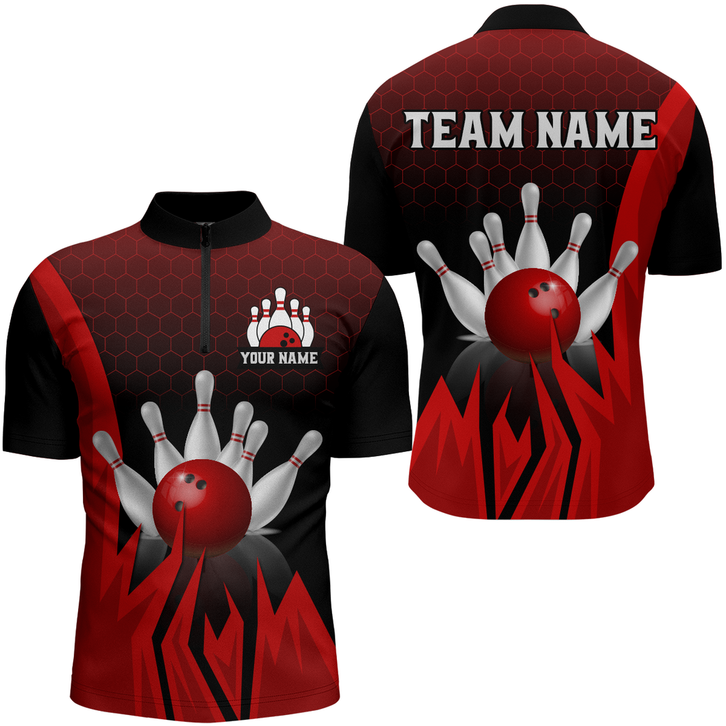 Custom Red Flame Bowling Quarter Zip Shirts For Men & Women Bowling Team Jersey BDT456