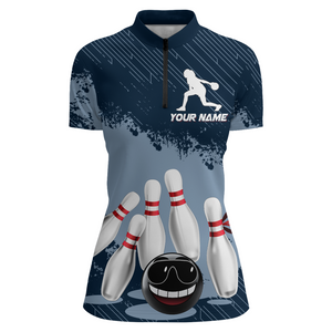 Funny Bowling Shirt For Women Custom Navy Bowling Team League Jersey Bowling 1/4 Zip Shirt BDT332