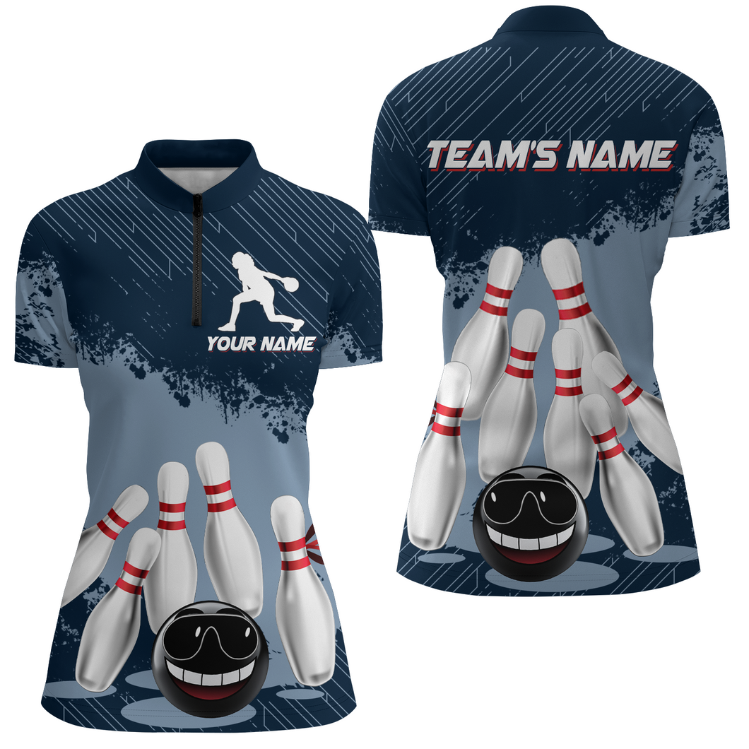 Funny Bowling Shirt For Women Custom Navy Bowling Team League Jersey Bowling 1/4 Zip Shirt BDT332