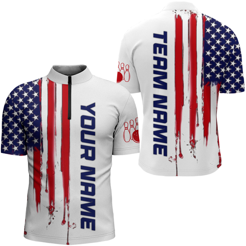 Custom American Bowling 1/4 Zip Shirt For Men Women White Blue Red Bowling Jersey Team BDT517