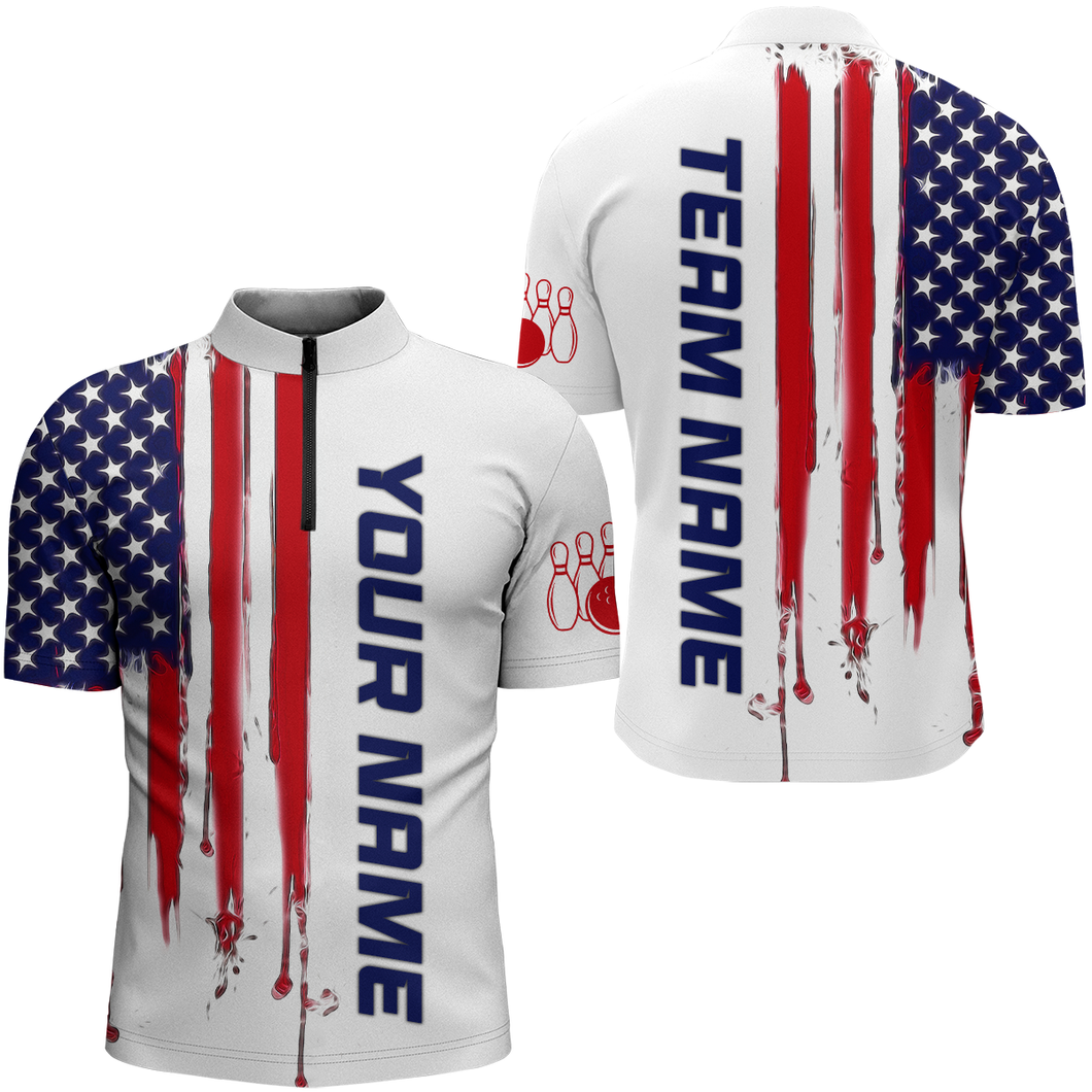 Custom American Bowling 1/4 Zip Shirt For Men Women White Blue Red Bowling Jersey Team BDT517