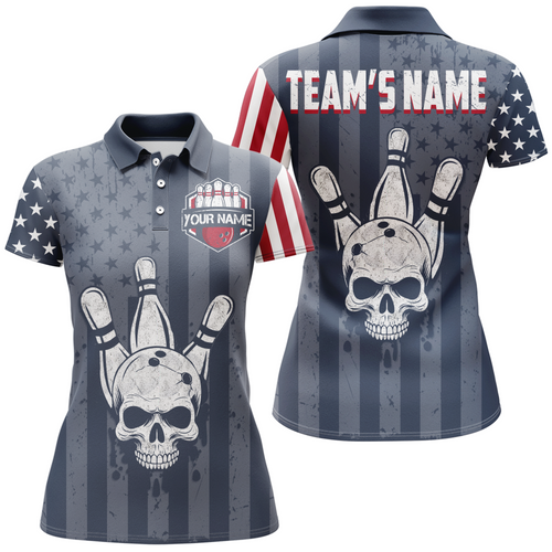 American Flag Bowling Shirt Women Skull Bowling Jersey Team Custom Bowling Polo Shirt BDT379