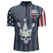 Load image into Gallery viewer, American Flag Bowling Shirt Men Skull Bowling Jersey Team Custom Bowling Quarter-Zip Shirt BDT379