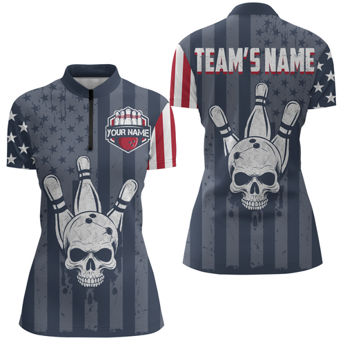 American Flag Bowling Shirt Women Skull Bowling Jersey Team Custom Bowling Quarter-Zip Shirt BDT379