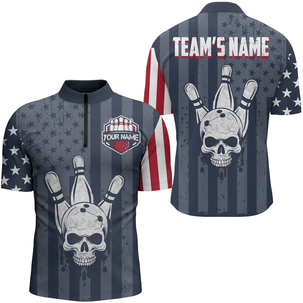 American Flag Bowling Shirt Men Skull Bowling Jersey Team Custom Bowling Quarter-Zip Shirt BDT379