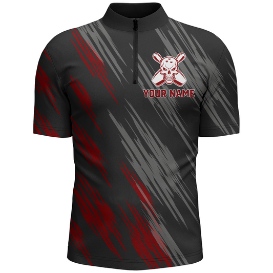 Skull Bowling Quarter-Zip Shirt For Men Black&Red Bowling Jersey Bowling Team Shirt BDT158