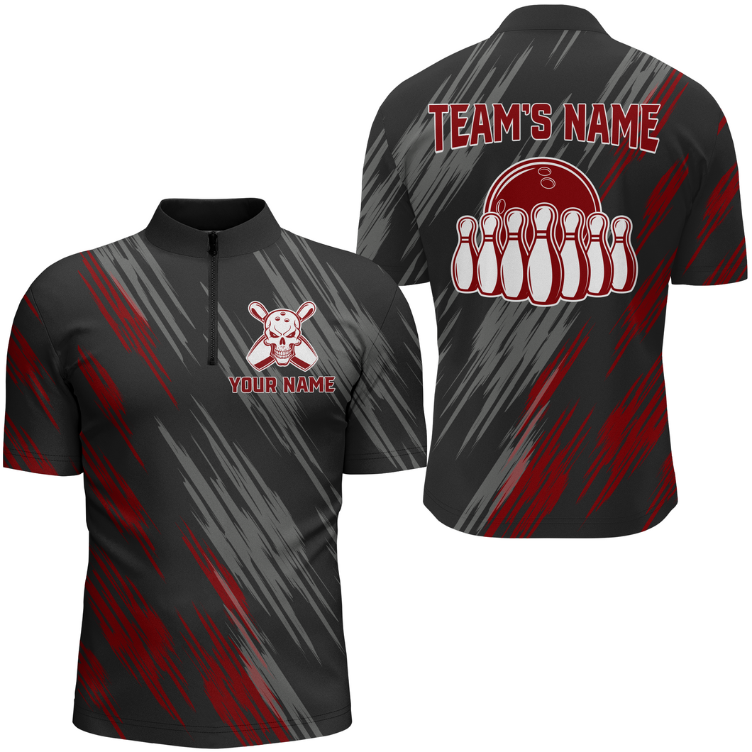 Skull Bowling Quarter-Zip Shirt For Men Black&Red Bowling Jersey Bowling Team Shirt BDT158