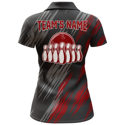 Skull Bowling Polo Shirt For Women Black&Red Bowling Jersey Ladies Bowling Team Shirt BDT157