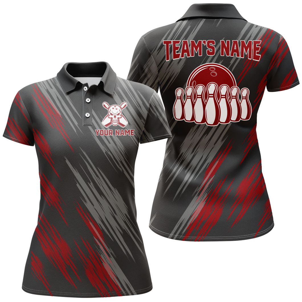 Skull Bowling Polo Shirt For Women Black&Red Bowling Jersey Ladies Bowling Team Shirt BDT157