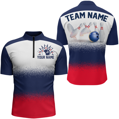 Navy Red White Bowling Shirt For Men & Women Bowling Team Jersey 1/4 Zip Bowling Outfit BDT575