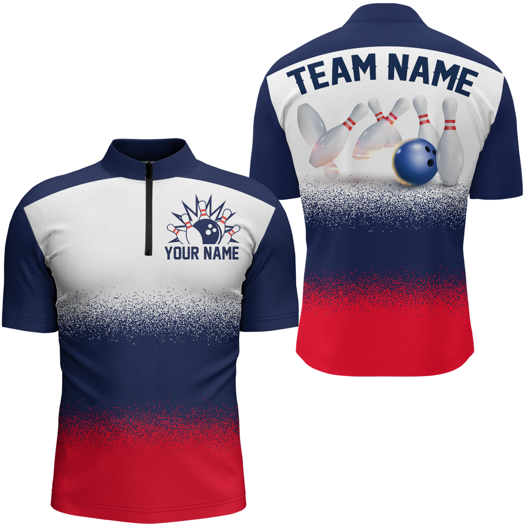 Navy Red White Bowling Shirt For Men & Women Bowling Team Jersey 1/4 Zip Bowling Outfit BDT575