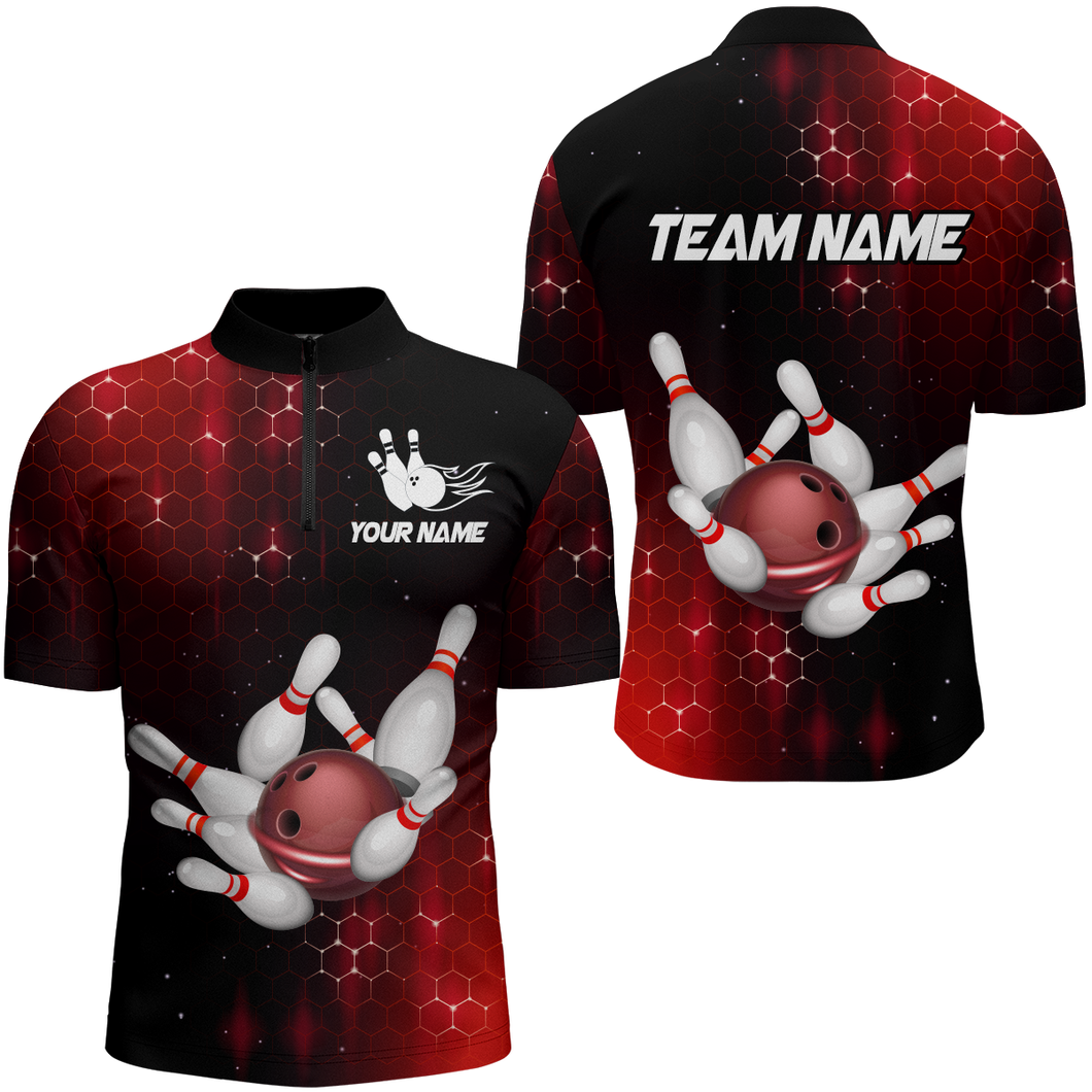 Personalized Red Bowling Shirts Men Women Bowling Team Jersey Custom Bowling 1/4 Zip Shirt BDT488