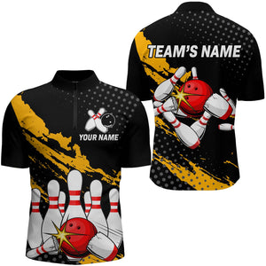 Personalized 3d Men's Bowling Quarter Zip Shirts Custom Black