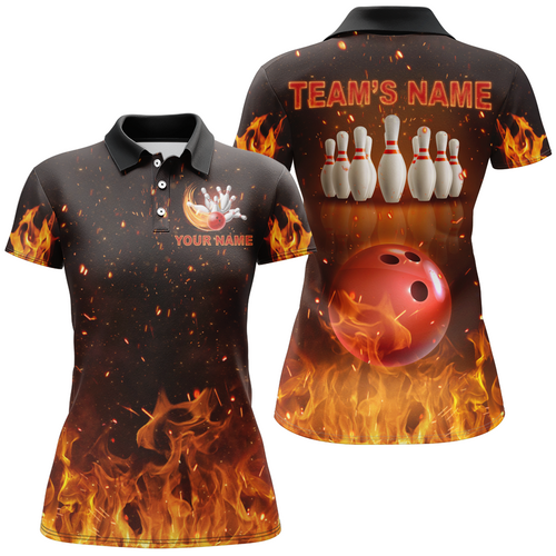 Personalized Women's Bowling Team Shirt Flame Bowling Jersey Custom Funny Bowling Polo Shirt BDT330