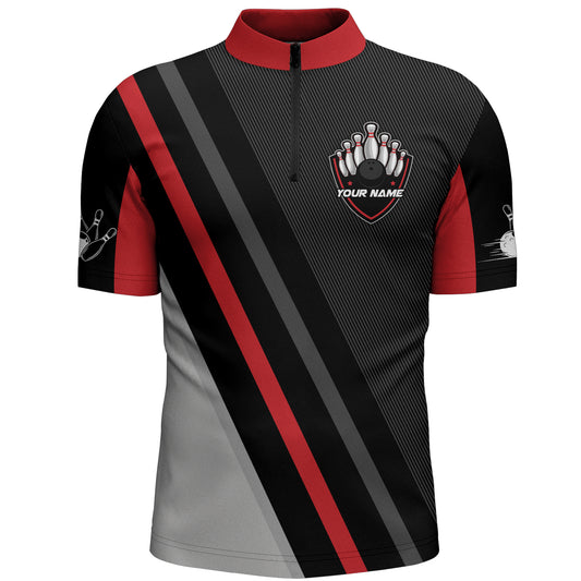 Black&Red Bowling Quarter-Zip Shirt For Men Vintage Bowling Team Jersey Custom Bowling Shirt BDT182