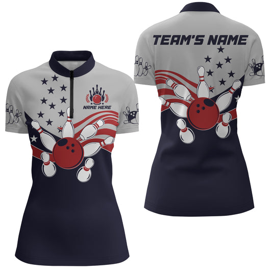 American Flag Bowling Quarter-Zip Shirt For Women Custom Bowling Team League Jersey For Ladies BDT187