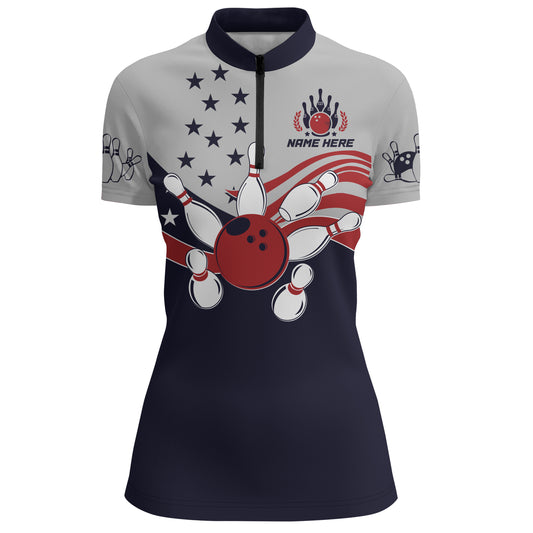 American Flag Bowling Quarter-Zip Shirt For Women Custom Bowling Team League Jersey For Ladies BDT187