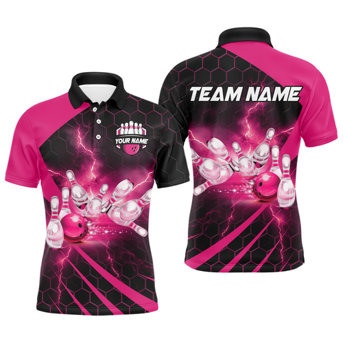 Custom Bowling Jersey For Couples Pink Bowling Polo Shirts For Men And Women BDT491