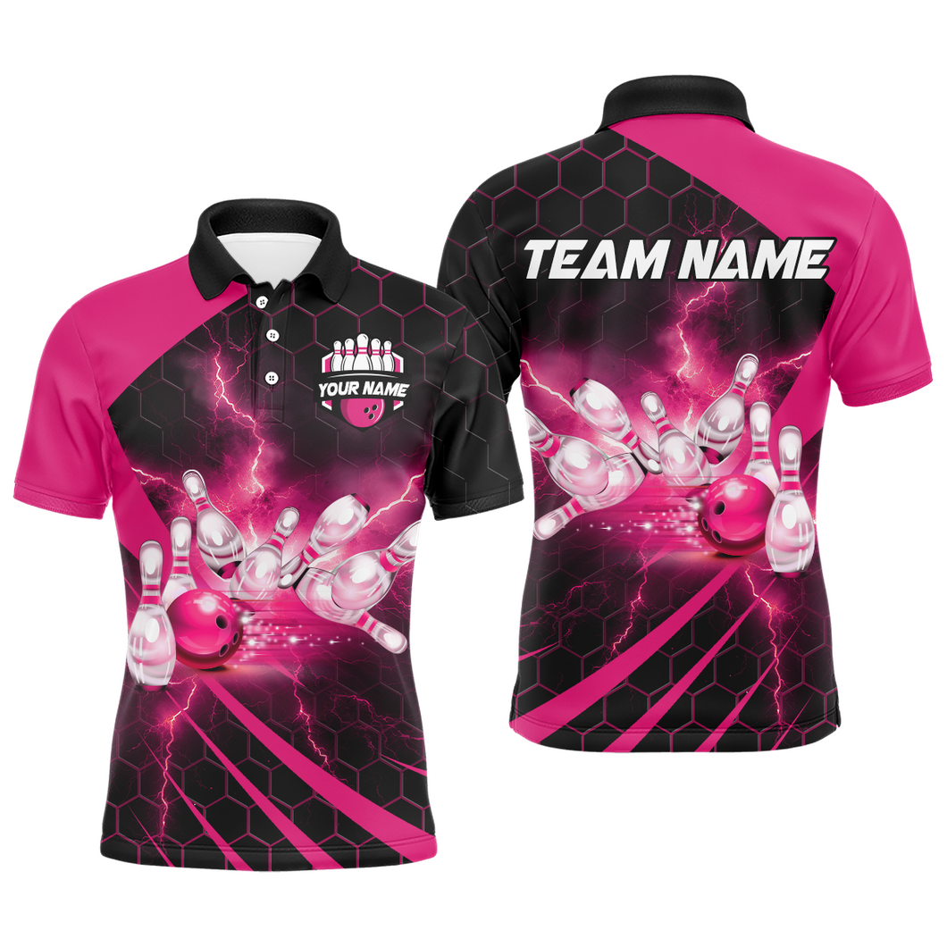 Custom Bowling Jersey For Couples Pink Bowling Polo Shirts For Men And Women BDT491