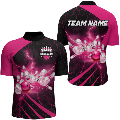 Custom Bowling Jersey For Couples Pink Bowling 1/4 Zip Shirts For Men And Women BDT491