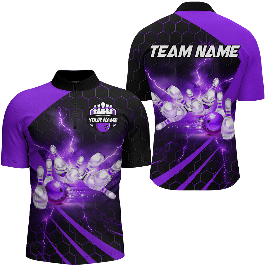 Custom Bowling Jersey For Couples Purple Bowling 1/4 Zip Shirts For Men And Women BDT491