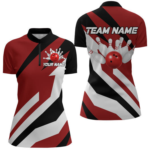 Red Bowling Shirts Unisex Custom Bowling Jersey for Men & Women 1/4 Zip Bowling Team League BDT553