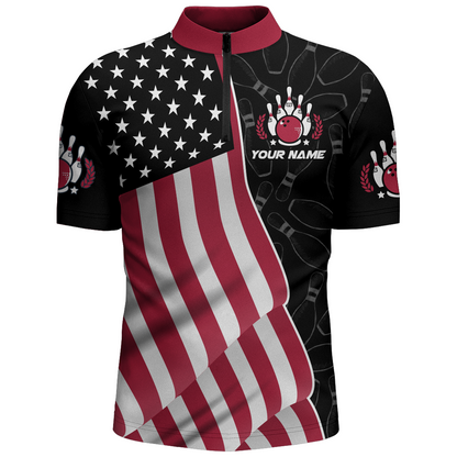 American Flag Bowling Shirts Men Team Bowling Jersey Custom Black Bowling Quarter-Zip Shirt BDT372