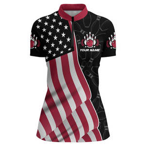 American Flag Bowling Shirts Women Team Bowling Jersey Custom Black Bowling Quarter-Zip Shirt BDT372