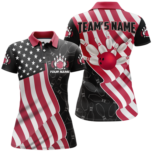 American Flag Bowling Shirts Women Team Bowling Jersey Custom Black Bowling Polo Shirt BDT372