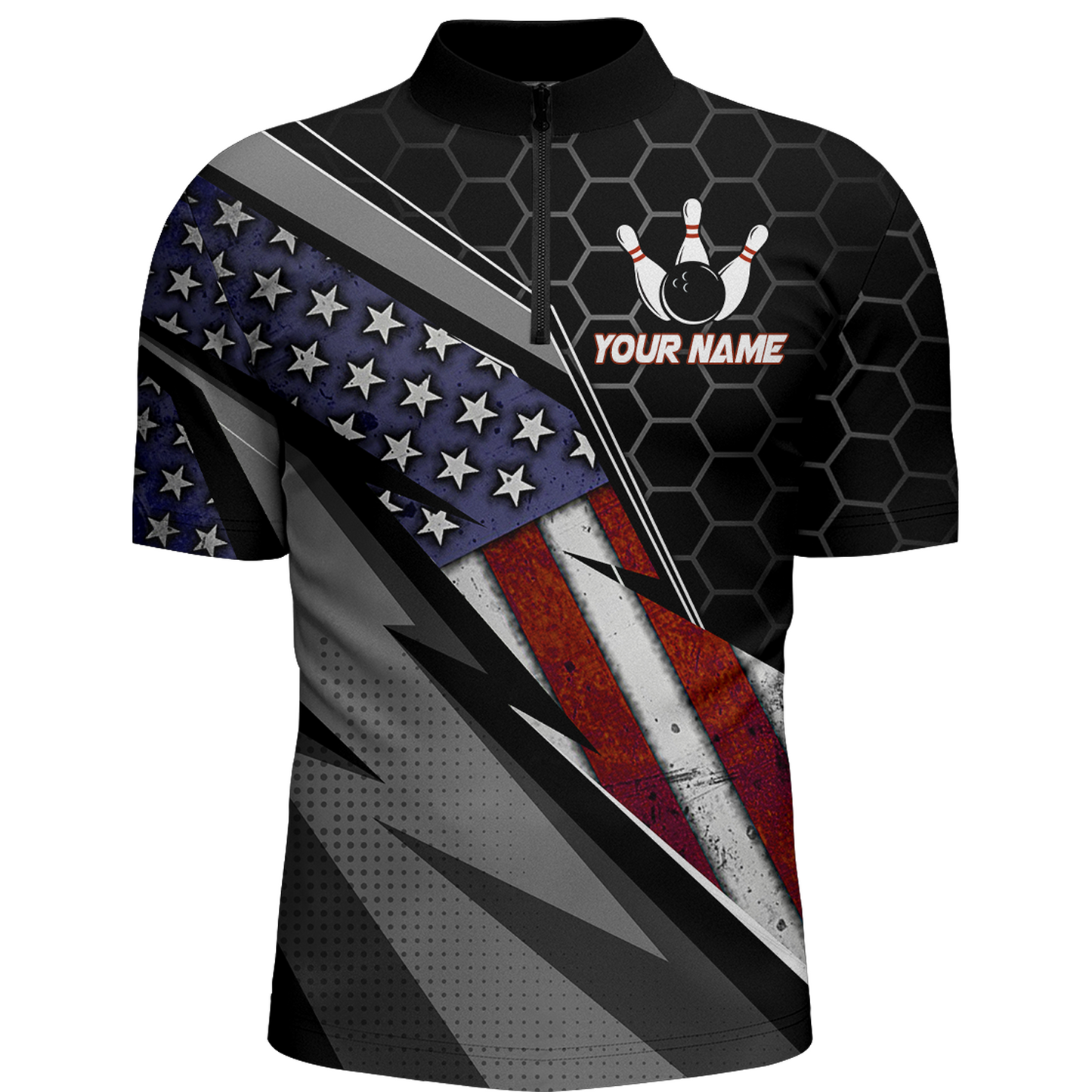 American Flag Bowling Shirt Men Patriotic Bowling Jersey Team Custom Bowling Quarter-Zip Shirt BDT381