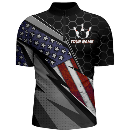 American Flag Bowling Shirt Men Patriotic Bowling Jersey Team Custom Bowling Quarter-Zip Shirt BDT381