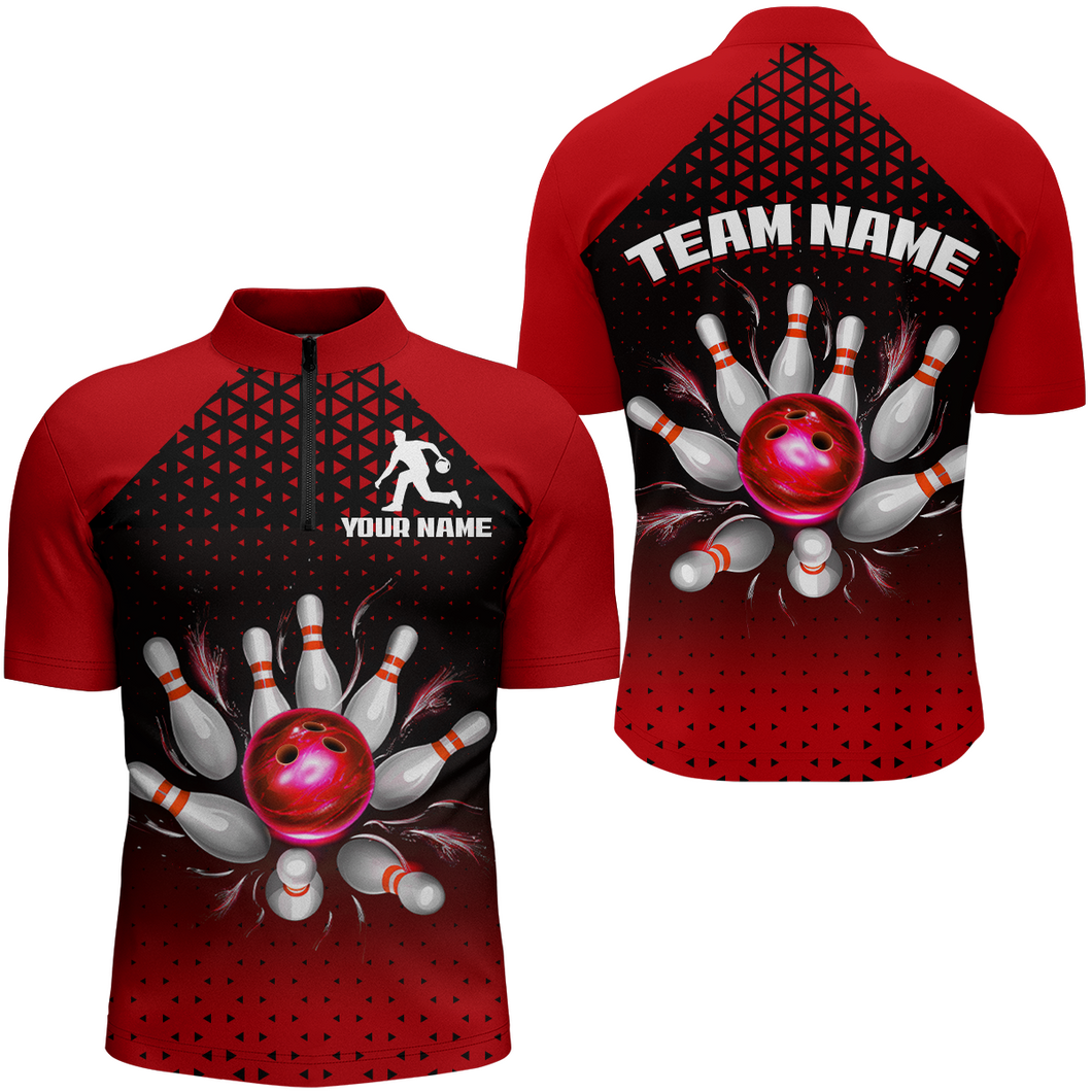 Custom Quarter Zip Bowling Shirts for Men And Women Red Bowling Team Jerseys Unisex BDT476
