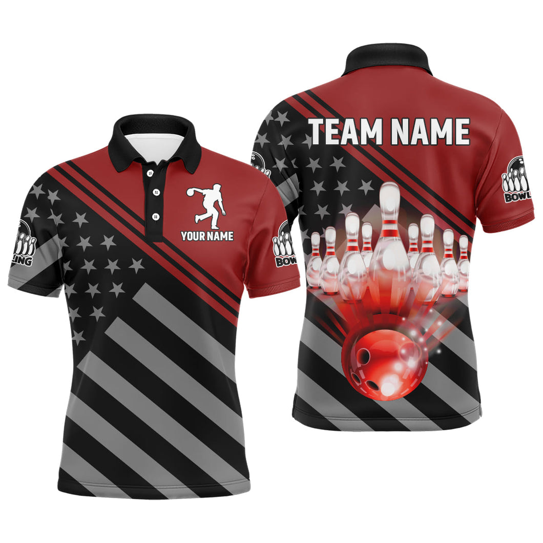 Red&Black Bowling Jersey For Men Custom Bowling Shirt American Flag Bowling Polo Shirt BDT282