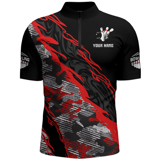 Custom Bowling Shirt for Men Red Camo Bowling Jersey Flame Bowling Quarter-Zip Shirt BDT260